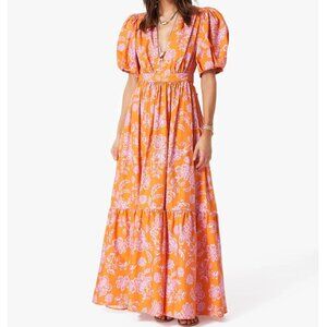 Xirena Larkyn Dress Maxi Orange Floral Tiered Puff Sleeve Medium
